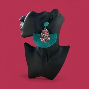 Teal Beaded Fringe Fashion Earrings